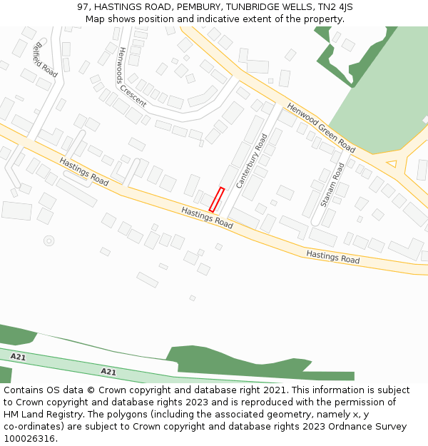 97, HASTINGS ROAD, PEMBURY, TUNBRIDGE WELLS, TN2 4JS: Location map and indicative extent of plot