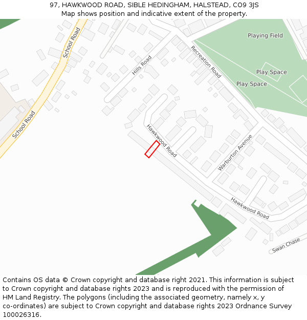 97, HAWKWOOD ROAD, SIBLE HEDINGHAM, HALSTEAD, CO9 3JS: Location map and indicative extent of plot