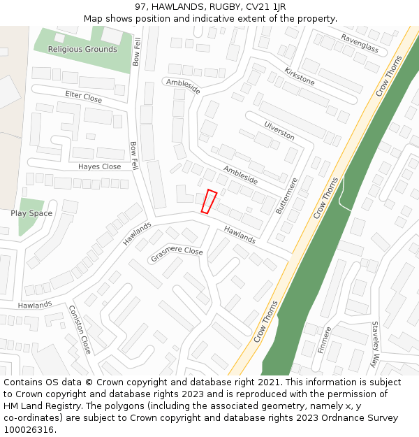97, HAWLANDS, RUGBY, CV21 1JR: Location map and indicative extent of plot