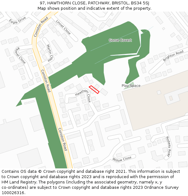 97, HAWTHORN CLOSE, PATCHWAY, BRISTOL, BS34 5SJ: Location map and indicative extent of plot