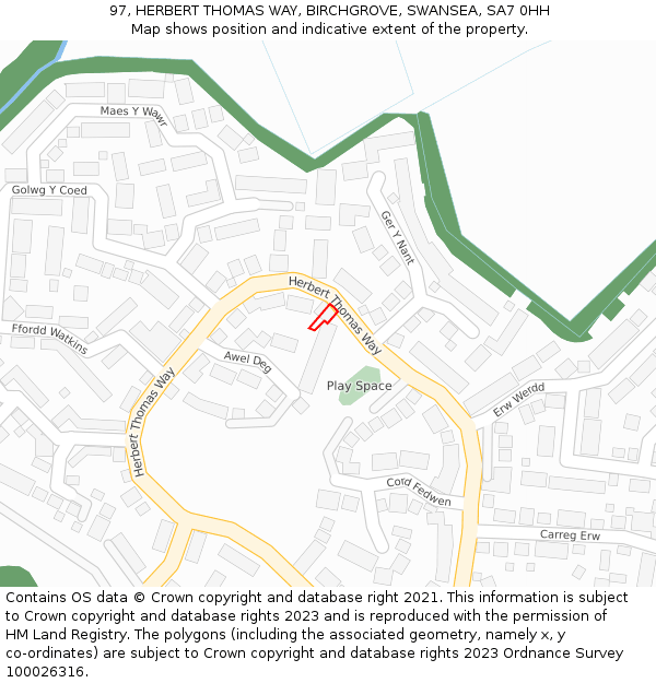 97, HERBERT THOMAS WAY, BIRCHGROVE, SWANSEA, SA7 0HH: Location map and indicative extent of plot