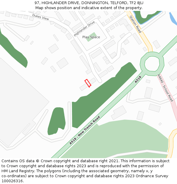 97, HIGHLANDER DRIVE, DONNINGTON, TELFORD, TF2 8JU: Location map and indicative extent of plot
