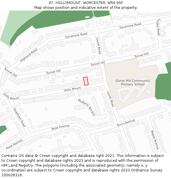 97, HOLLYMOUNT, WORCESTER, WR4 9SF: Location map and indicative extent of plot