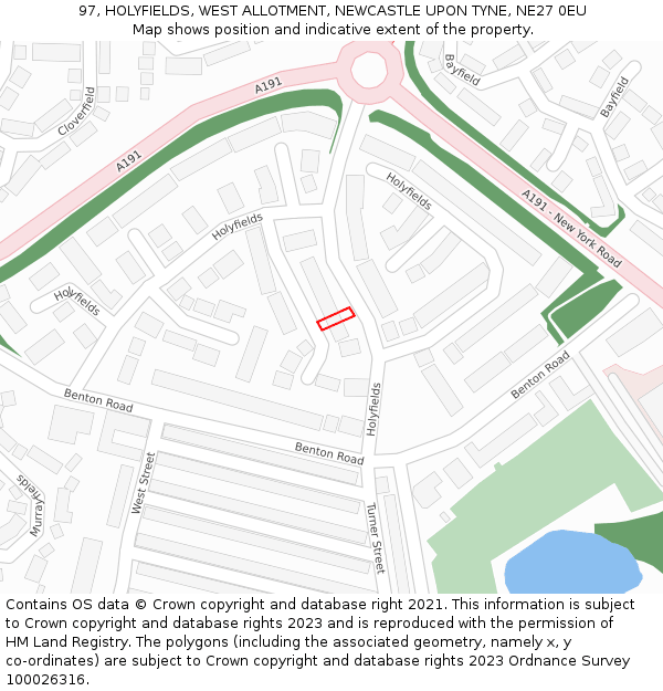 97, HOLYFIELDS, WEST ALLOTMENT, NEWCASTLE UPON TYNE, NE27 0EU: Location map and indicative extent of plot