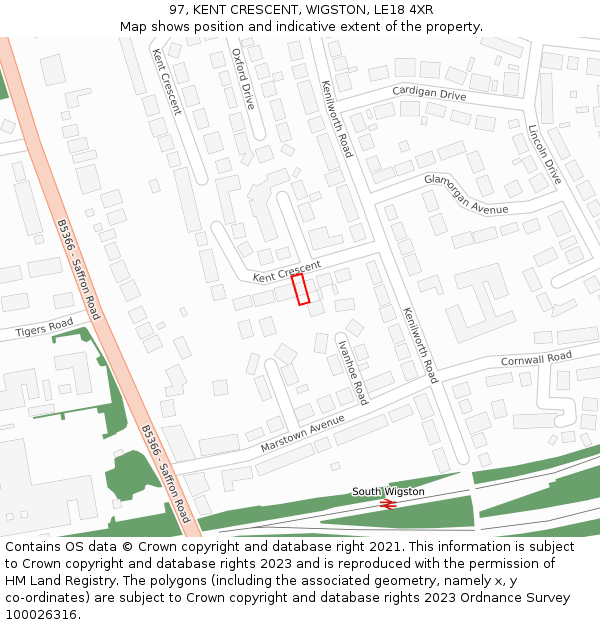 97, KENT CRESCENT, WIGSTON, LE18 4XR: Location map and indicative extent of plot
