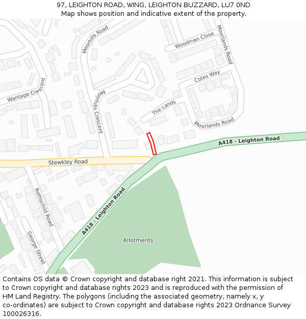 97, LEIGHTON ROAD, WING, LEIGHTON BUZZARD, LU7 0ND: Location map and indicative extent of plot