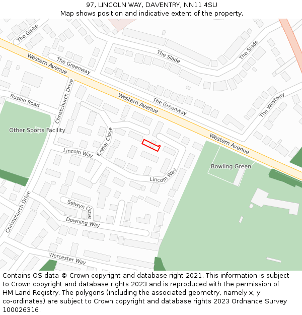97, LINCOLN WAY, DAVENTRY, NN11 4SU: Location map and indicative extent of plot