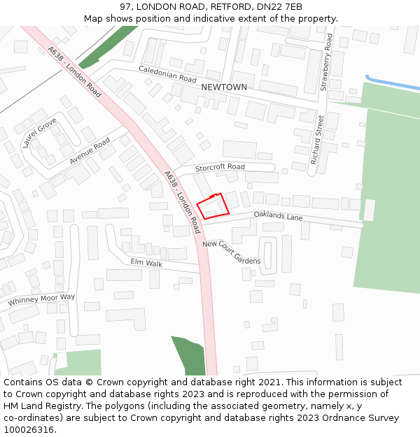 97, LONDON ROAD, RETFORD, DN22 7EB: Location map and indicative extent of plot