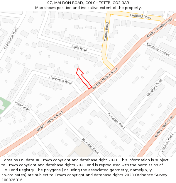 97, MALDON ROAD, COLCHESTER, CO3 3AR: Location map and indicative extent of plot