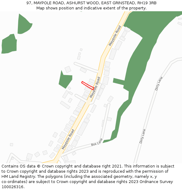 97, MAYPOLE ROAD, ASHURST WOOD, EAST GRINSTEAD, RH19 3RB: Location map and indicative extent of plot