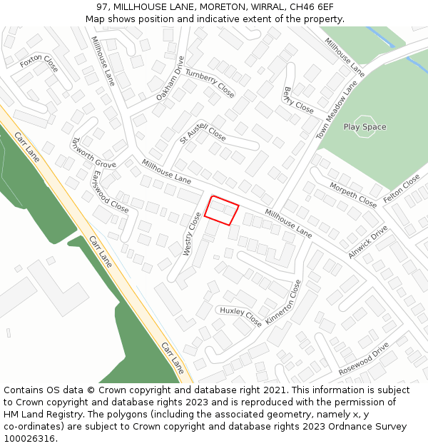 97, MILLHOUSE LANE, MORETON, WIRRAL, CH46 6EF: Location map and indicative extent of plot