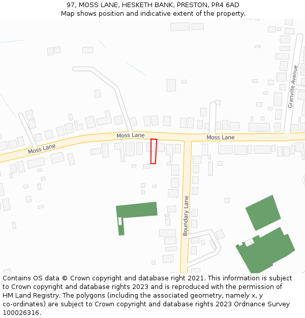 97, MOSS LANE, HESKETH BANK, PRESTON, PR4 6AD: Location map and indicative extent of plot