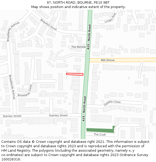 97, NORTH ROAD, BOURNE, PE10 9BT: Location map and indicative extent of plot