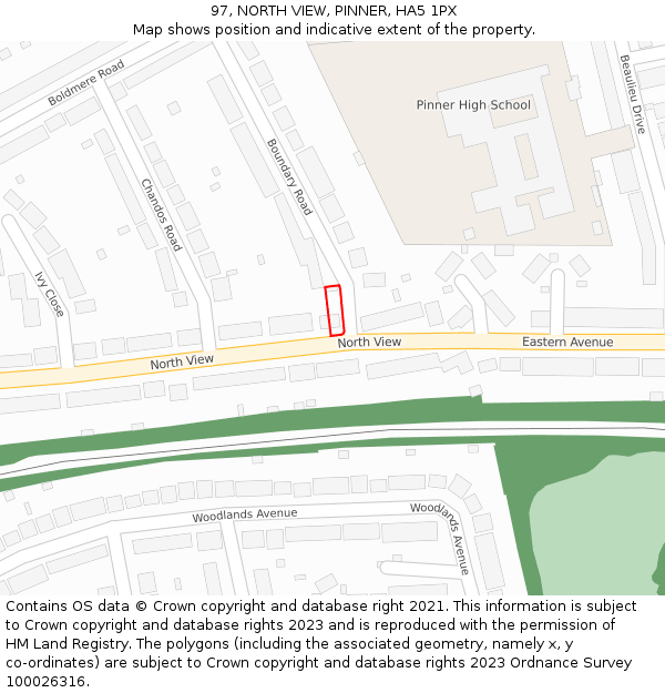97, NORTH VIEW, PINNER, HA5 1PX: Location map and indicative extent of plot