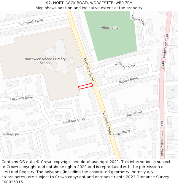 97, NORTHWICK ROAD, WORCESTER, WR3 7EA: Location map and indicative extent of plot