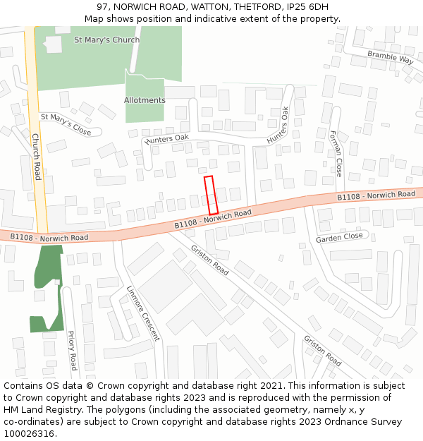 97, NORWICH ROAD, WATTON, THETFORD, IP25 6DH: Location map and indicative extent of plot