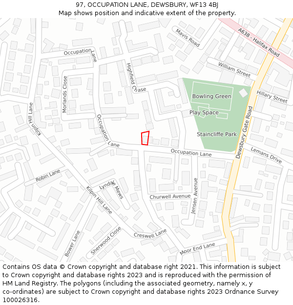 97, OCCUPATION LANE, DEWSBURY, WF13 4BJ: Location map and indicative extent of plot