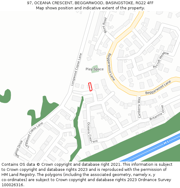 97, OCEANA CRESCENT, BEGGARWOOD, BASINGSTOKE, RG22 4FF: Location map and indicative extent of plot