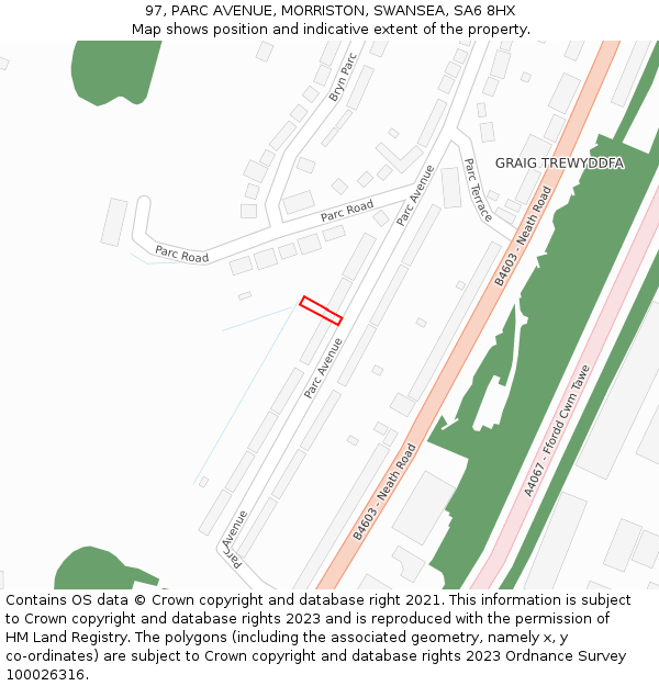 97, PARC AVENUE, MORRISTON, SWANSEA, SA6 8HX: Location map and indicative extent of plot