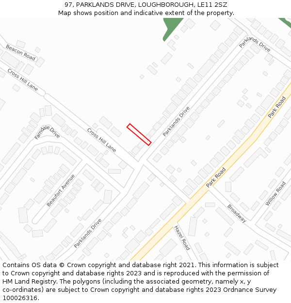 97, PARKLANDS DRIVE, LOUGHBOROUGH, LE11 2SZ: Location map and indicative extent of plot