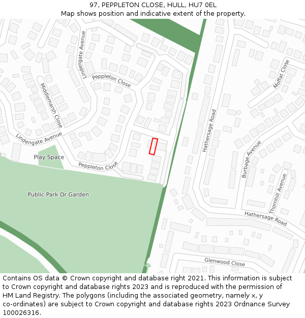 97, PEPPLETON CLOSE, HULL, HU7 0EL: Location map and indicative extent of plot