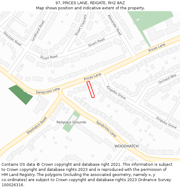 97, PRICES LANE, REIGATE, RH2 8AZ: Location map and indicative extent of plot