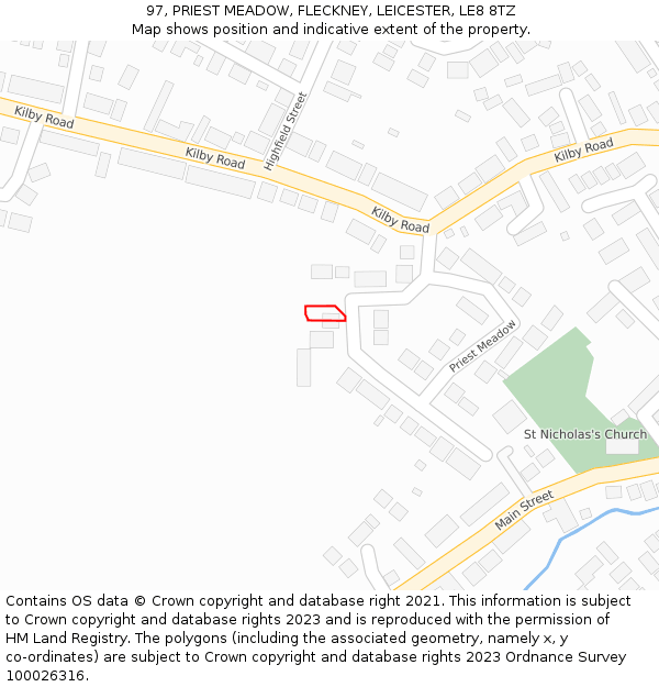 97, PRIEST MEADOW, FLECKNEY, LEICESTER, LE8 8TZ: Location map and indicative extent of plot