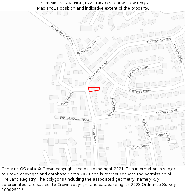 97, PRIMROSE AVENUE, HASLINGTON, CREWE, CW1 5QA: Location map and indicative extent of plot