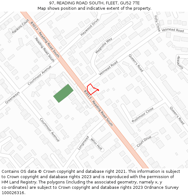 97, READING ROAD SOUTH, FLEET, GU52 7TE: Location map and indicative extent of plot