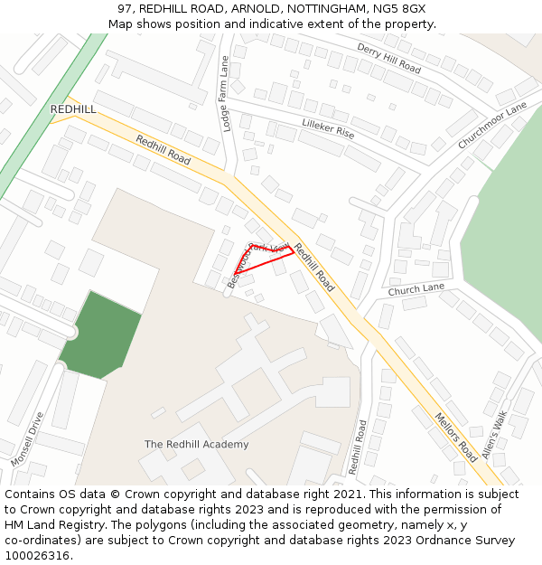 97, REDHILL ROAD, ARNOLD, NOTTINGHAM, NG5 8GX: Location map and indicative extent of plot