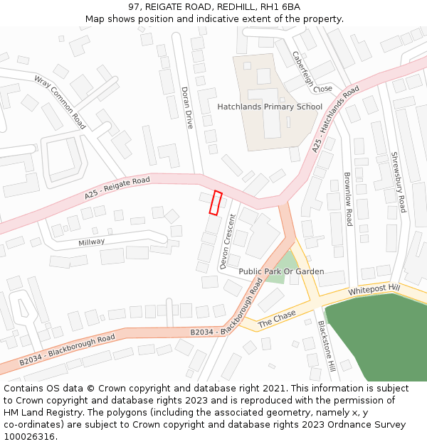 97, REIGATE ROAD, REDHILL, RH1 6BA: Location map and indicative extent of plot