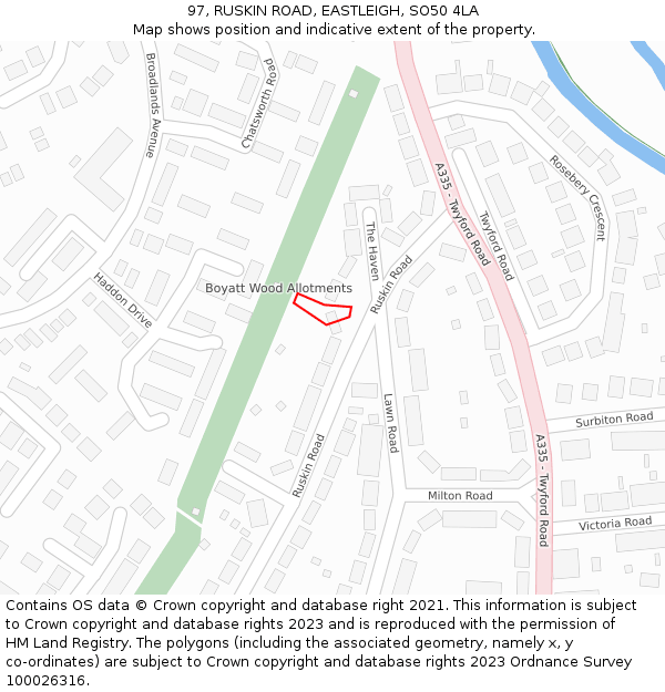 97, RUSKIN ROAD, EASTLEIGH, SO50 4LA: Location map and indicative extent of plot