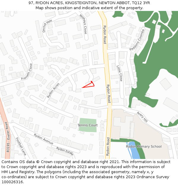 97, RYDON ACRES, KINGSTEIGNTON, NEWTON ABBOT, TQ12 3YR: Location map and indicative extent of plot