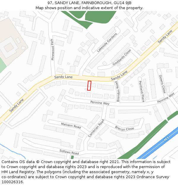 97, SANDY LANE, FARNBOROUGH, GU14 9JB: Location map and indicative extent of plot