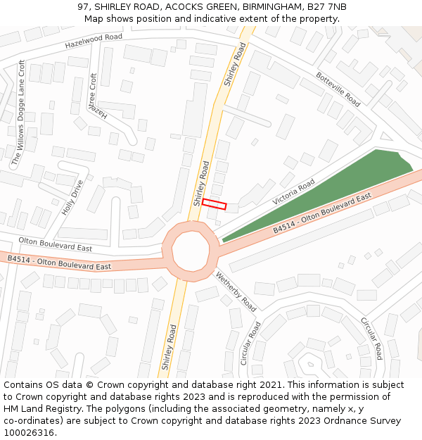 97, SHIRLEY ROAD, ACOCKS GREEN, BIRMINGHAM, B27 7NB: Location map and indicative extent of plot