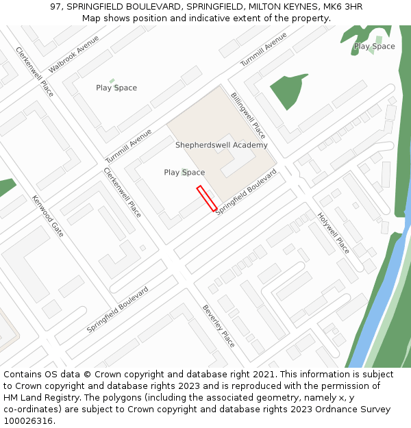 97, SPRINGFIELD BOULEVARD, SPRINGFIELD, MILTON KEYNES, MK6 3HR: Location map and indicative extent of plot