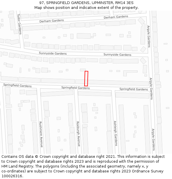 97, SPRINGFIELD GARDENS, UPMINSTER, RM14 3ES: Location map and indicative extent of plot