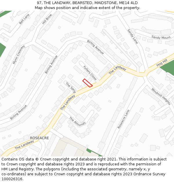 97, THE LANDWAY, BEARSTED, MAIDSTONE, ME14 4LD: Location map and indicative extent of plot