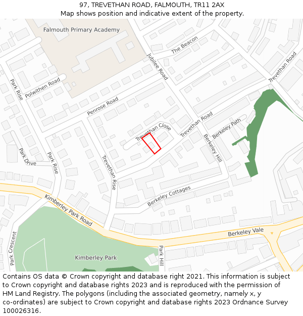 97, TREVETHAN ROAD, FALMOUTH, TR11 2AX: Location map and indicative extent of plot