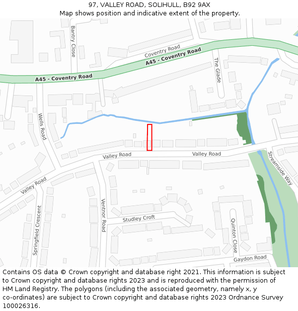 97, VALLEY ROAD, SOLIHULL, B92 9AX: Location map and indicative extent of plot