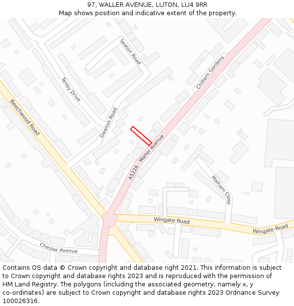97, WALLER AVENUE, LUTON, LU4 9RR: Location map and indicative extent of plot