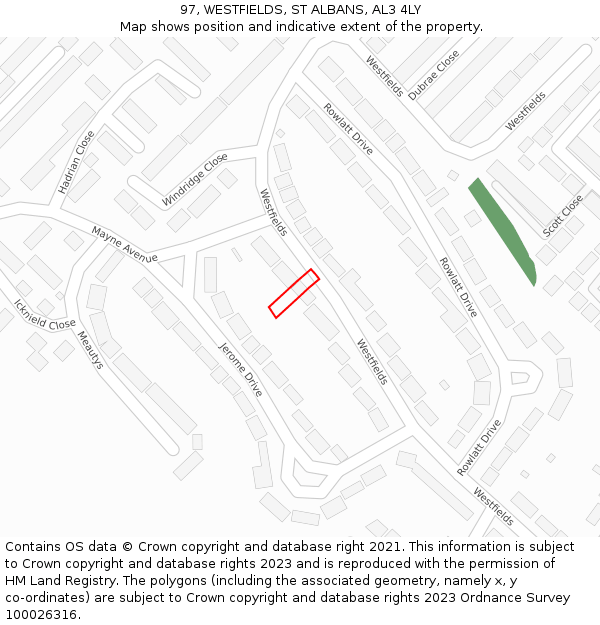 97, WESTFIELDS, ST ALBANS, AL3 4LY: Location map and indicative extent of plot