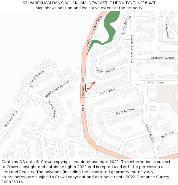 97, WHICKHAM BANK, WHICKHAM, NEWCASTLE UPON TYNE, NE16 4AT: Location map and indicative extent of plot