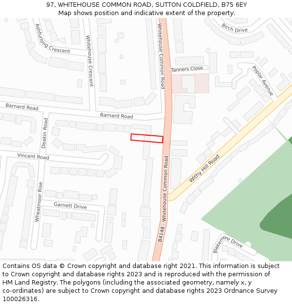 97, WHITEHOUSE COMMON ROAD, SUTTON COLDFIELD, B75 6EY: Location map and indicative extent of plot