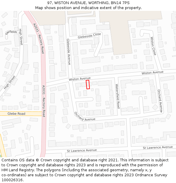 97, WISTON AVENUE, WORTHING, BN14 7PS: Location map and indicative extent of plot