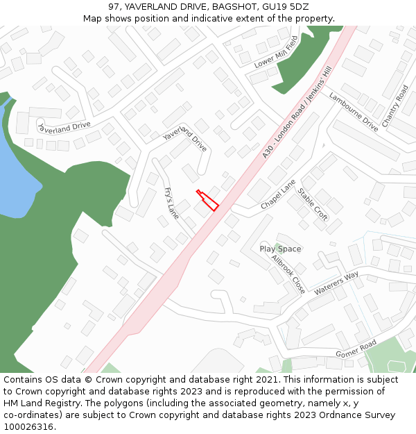 97, YAVERLAND DRIVE, BAGSHOT, GU19 5DZ: Location map and indicative extent of plot