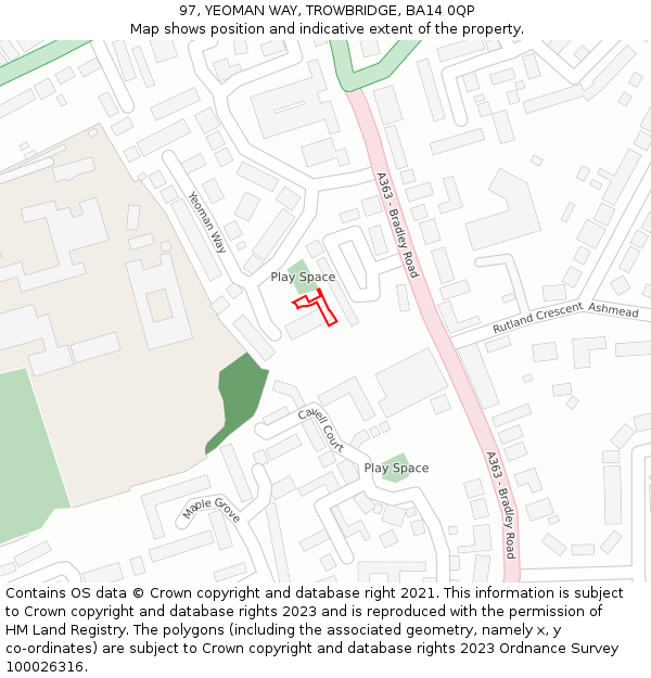97, YEOMAN WAY, TROWBRIDGE, BA14 0QP: Location map and indicative extent of plot