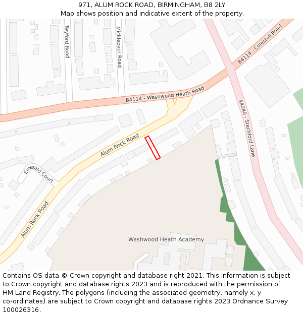 971, ALUM ROCK ROAD, BIRMINGHAM, B8 2LY: Location map and indicative extent of plot