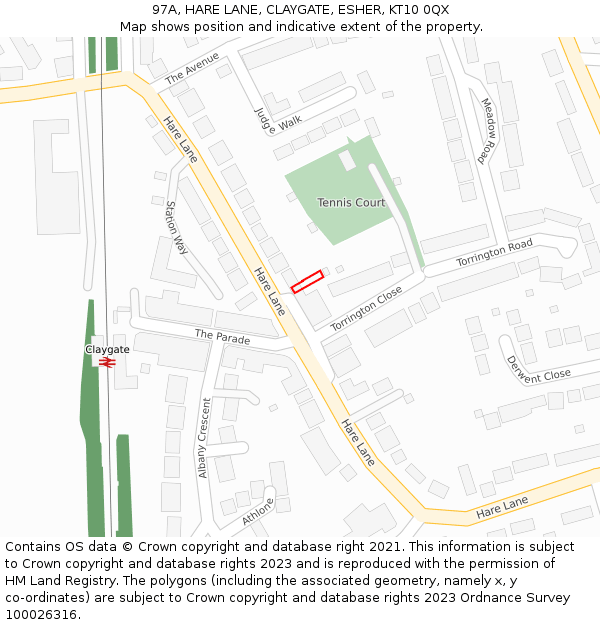 97A, HARE LANE, CLAYGATE, ESHER, KT10 0QX: Location map and indicative extent of plot