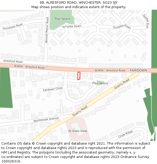 98, ALRESFORD ROAD, WINCHESTER, SO23 0JY: Location map and indicative extent of plot